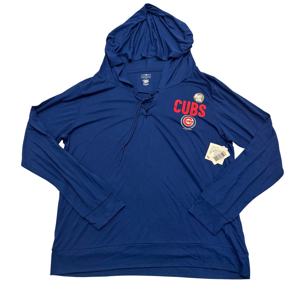MLB Chicago Cubs Women Blue Lace Up Hoodie Shirt Plus Size 1X NWT Baseball